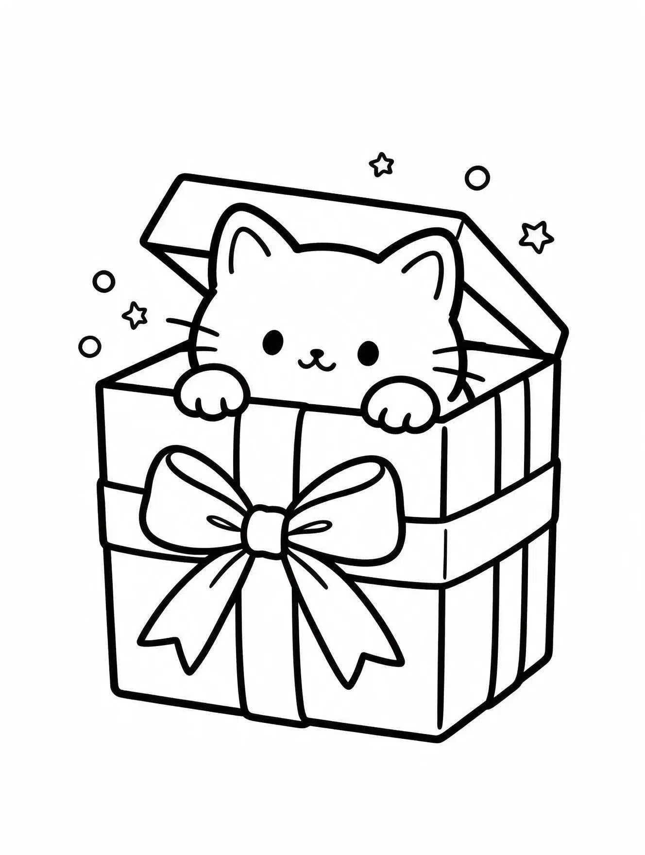 kitten peeking from an open gift box with ribbon