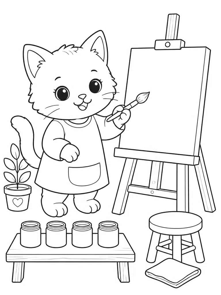 kitten painting on an easel beside jars and a stool