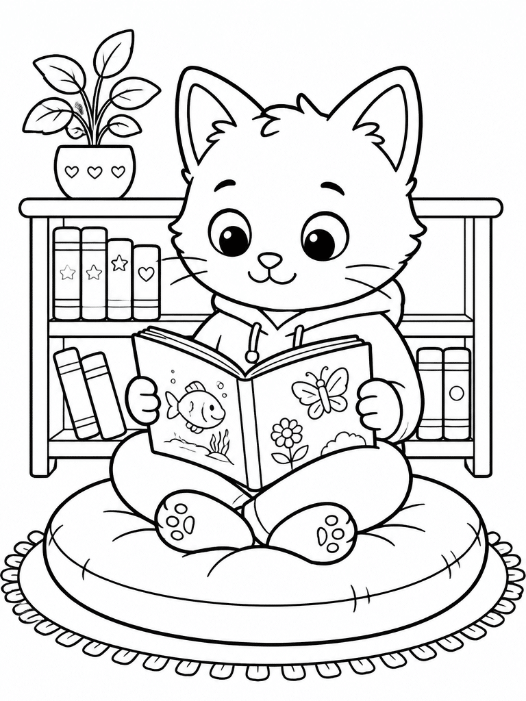 Kitten reading a book on a floor cushion beside a bookshelf and plant in a cozy classroom scene.