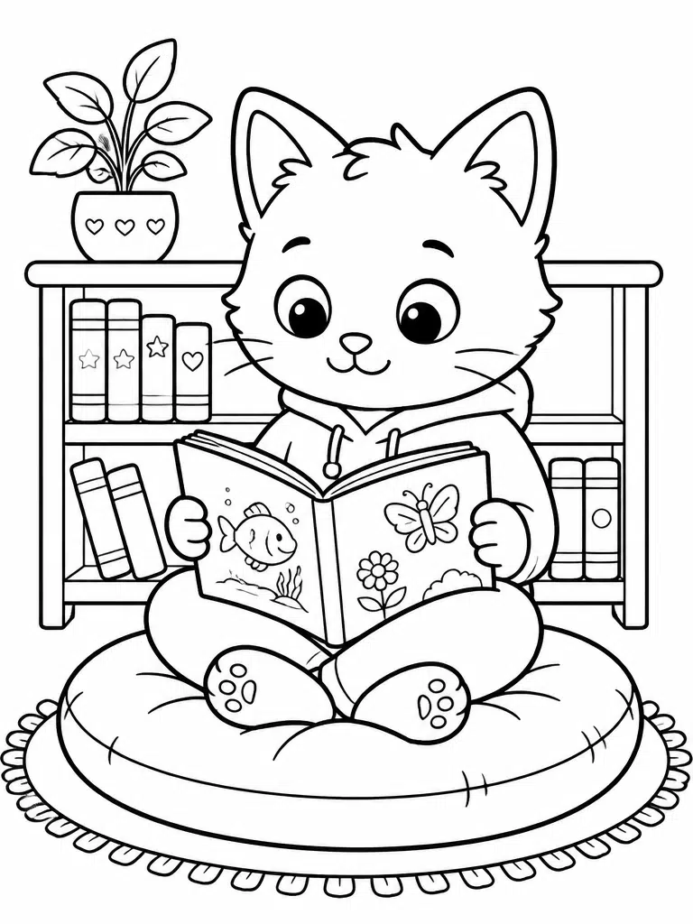 Kitten reading a book on a floor cushion beside a bookshelf and plant in a cozy classroom scene.