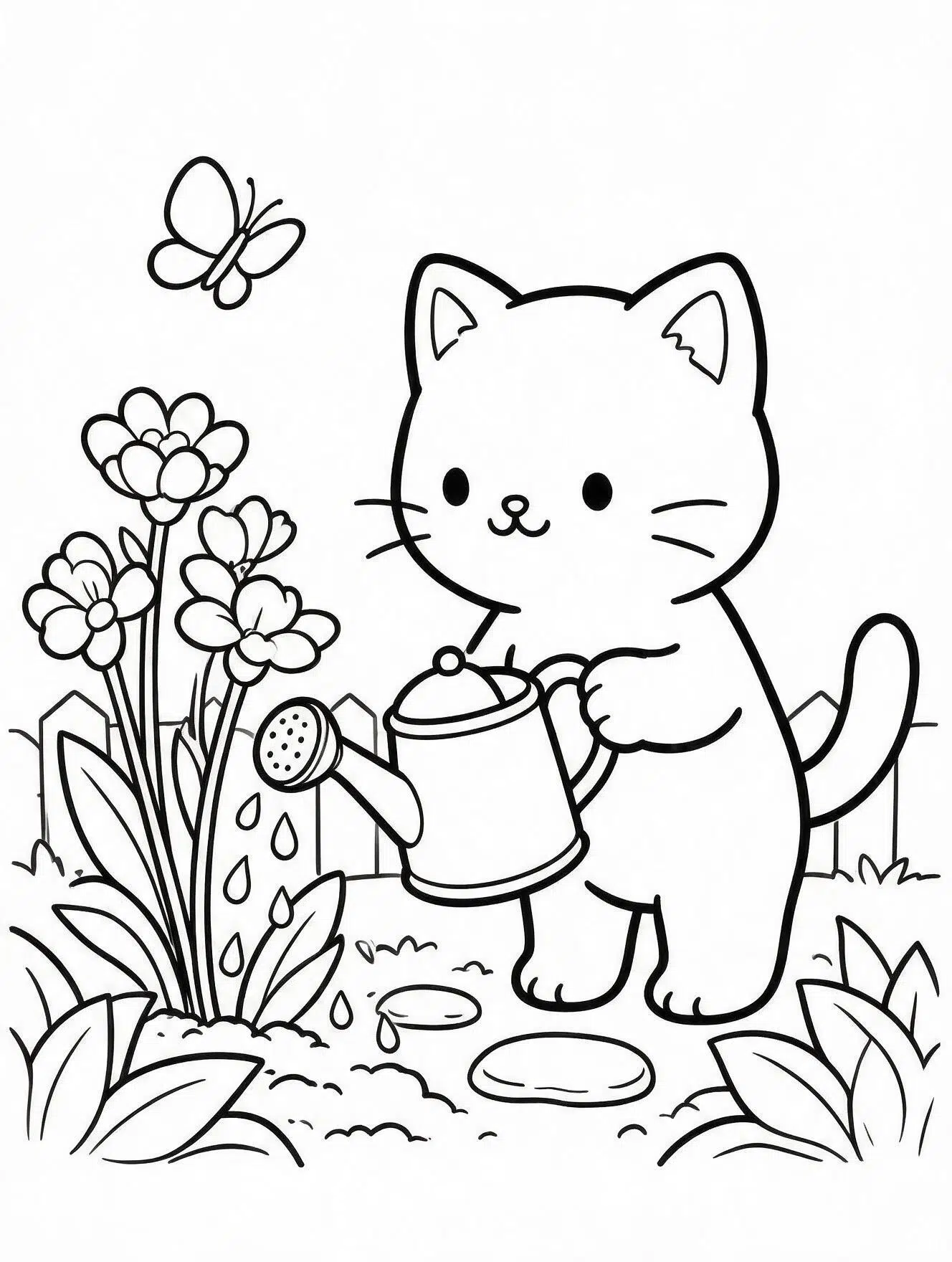 kitten watering three tall flowers in a simple garden