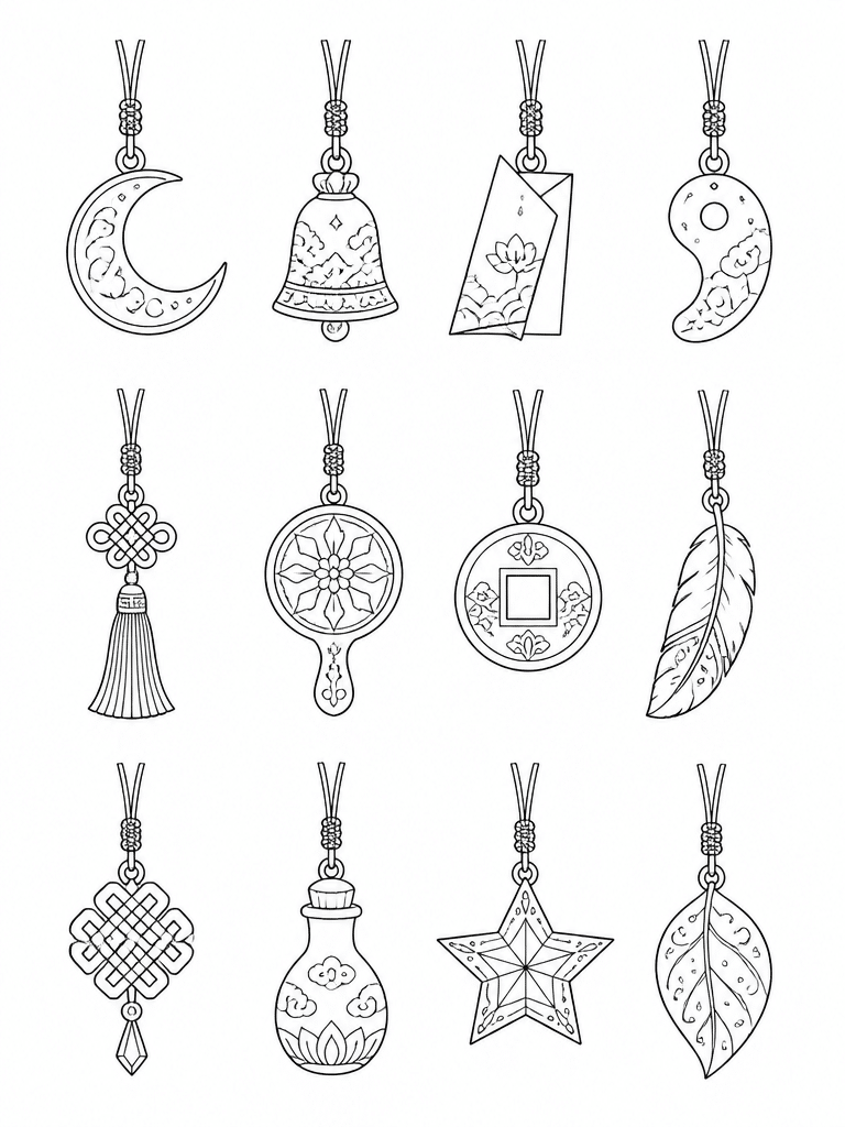 kpop demon hunter amulet charms coloring page arranged in three detailed rows