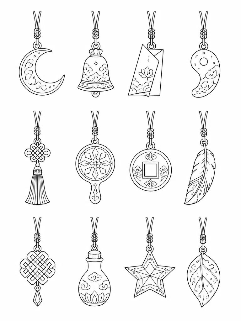kpop demon hunter amulet charms coloring page arranged in three detailed rows