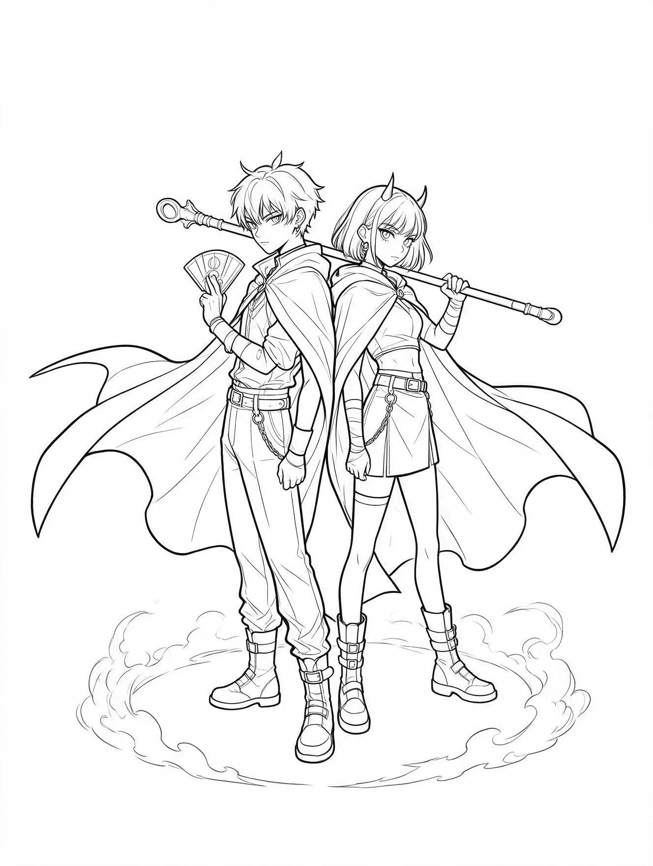 two kpop demon hunters back to back coloring page with capes and staff