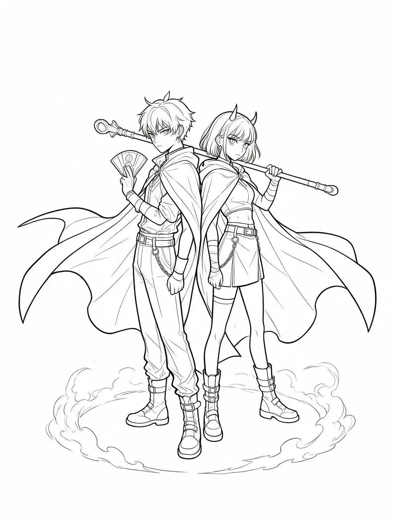 two kpop demon hunters back to back coloring page with capes and staff