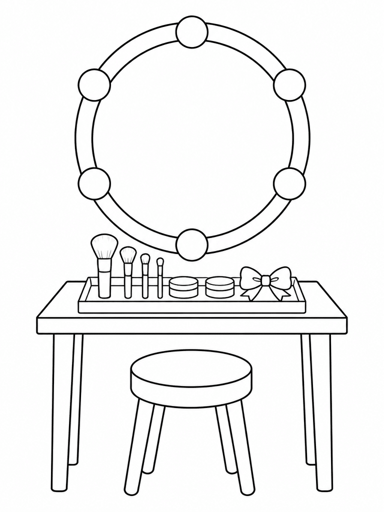 kpop demon hunter backstage mirror and brush tray coloring page with bulbs