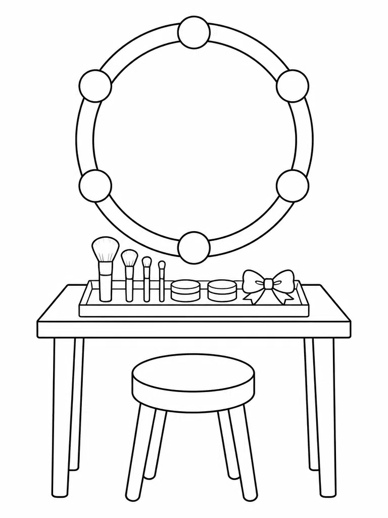 kpop demon hunter backstage mirror and brush tray coloring page with bulbs