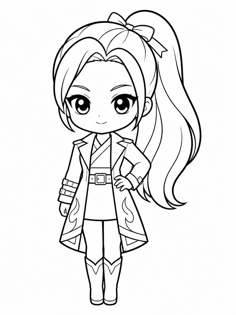 chibi kpop demon hunter girl standing coloring page with ponytail and jacket