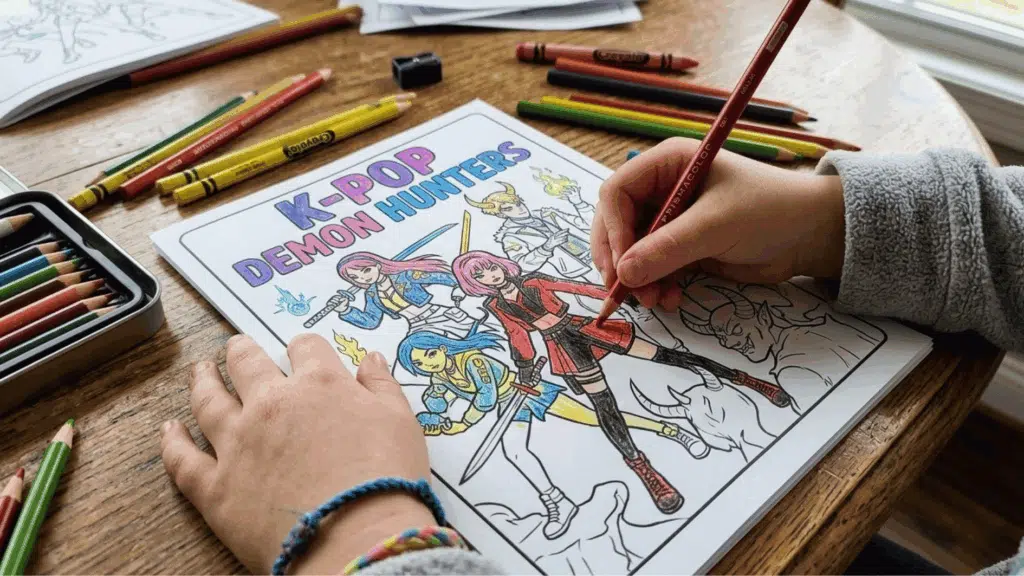 a kid coloring a colring page of kpop demon hunter with colors scattered