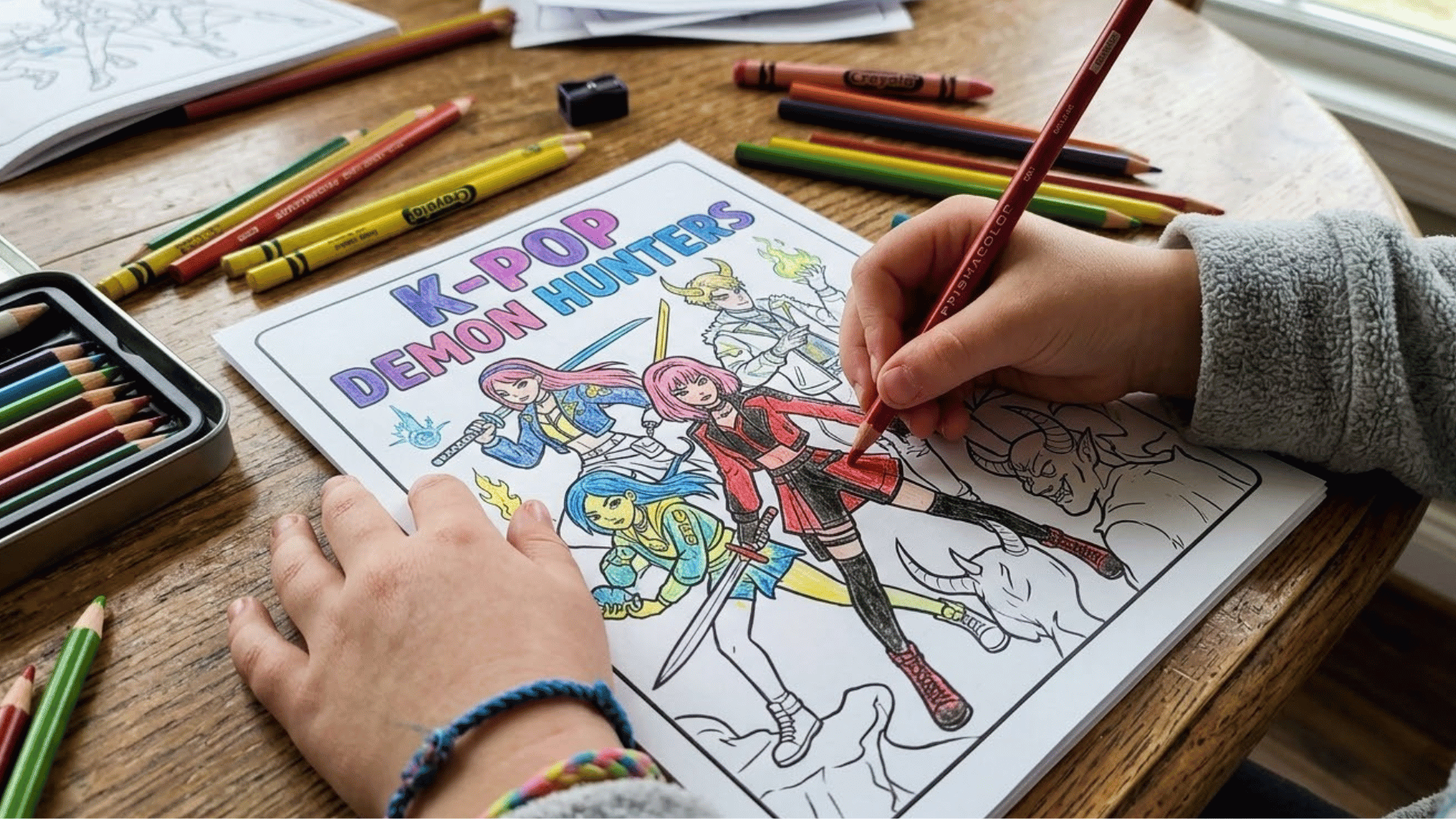 a kid coloring a colring page of kpop demon hunter with colors scattered
