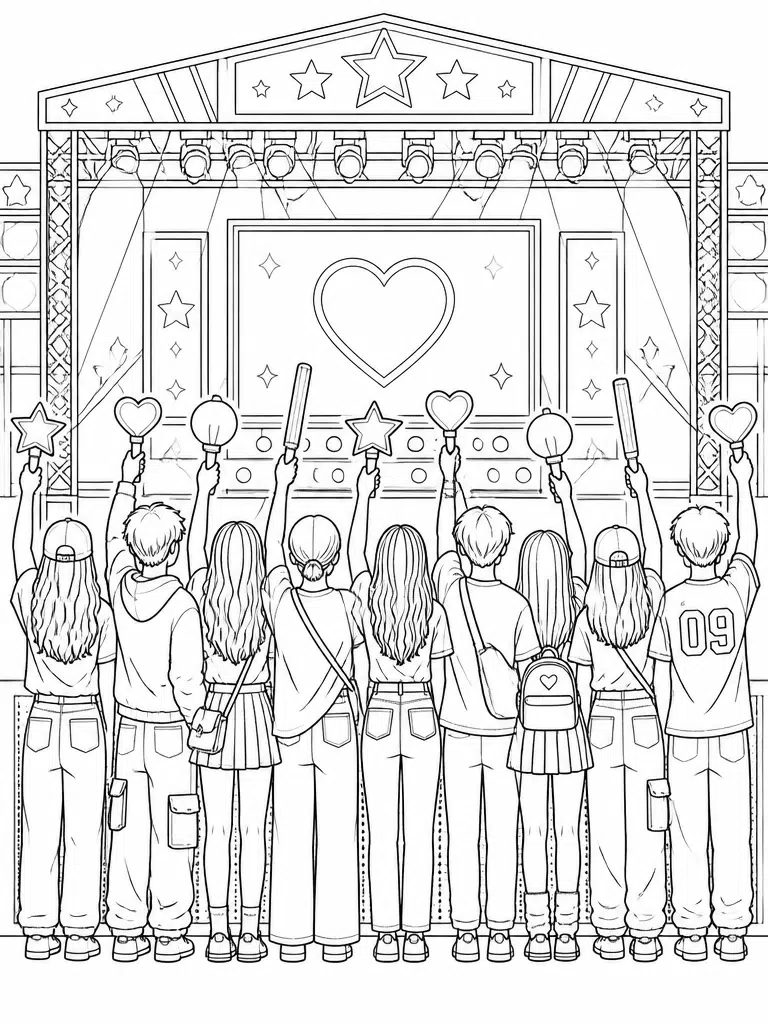 kpop concert crowd raising light sticks coloring page with stage and beams