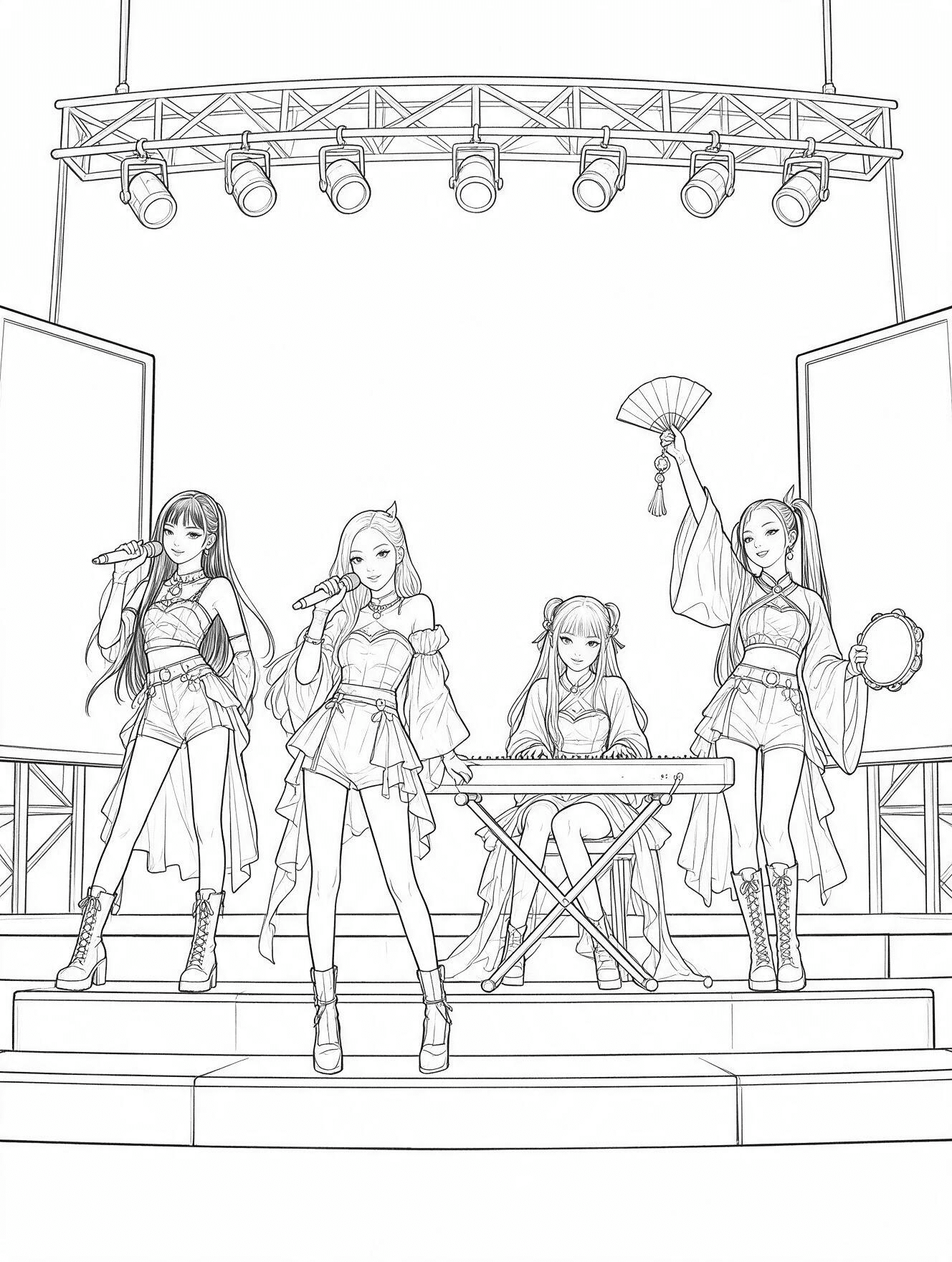 five kpop demon hunter performers on stage risers coloring page with spotlights