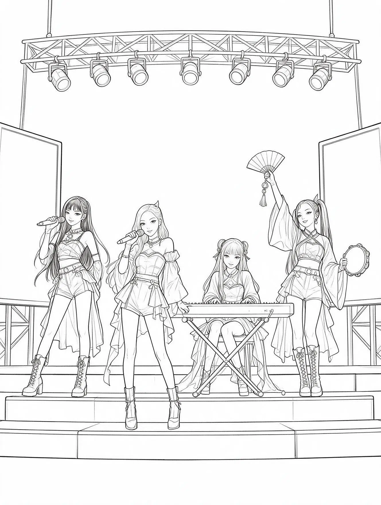 five kpop demon hunter performers on stage risers coloring page with spotlights