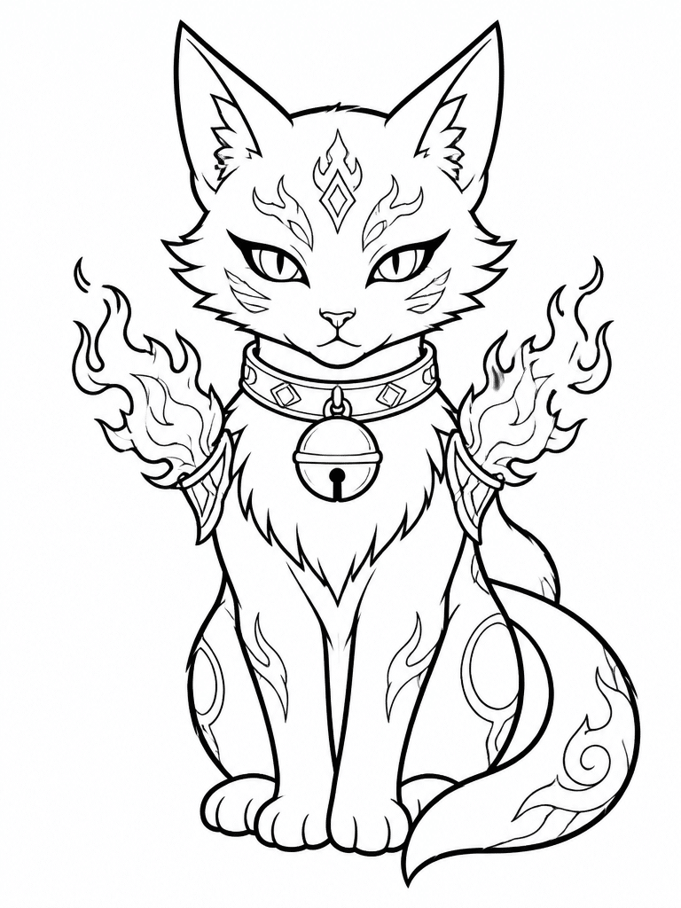 kpop demon hunter guardian cat coloring page with bell collar and flames