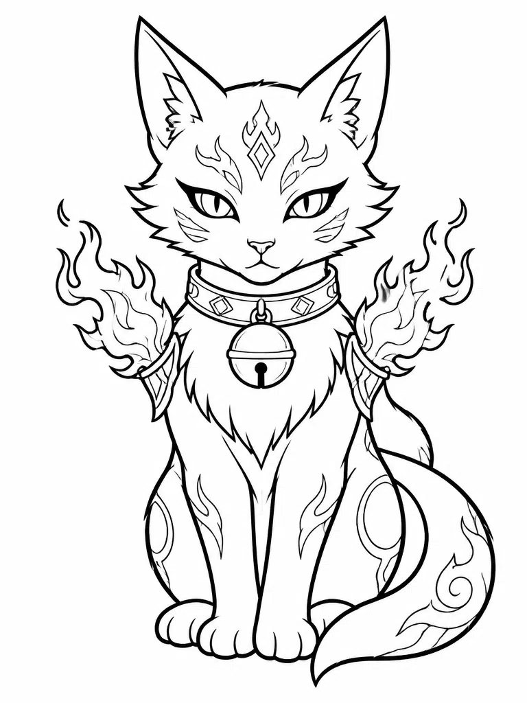 kpop demon hunter guardian cat coloring page with bell collar and flames