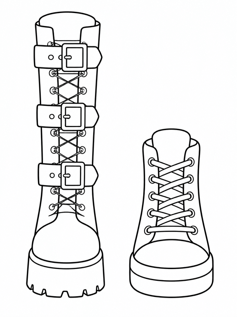 kpop demon hunter boot and sneaker coloring page with thick simple outlines