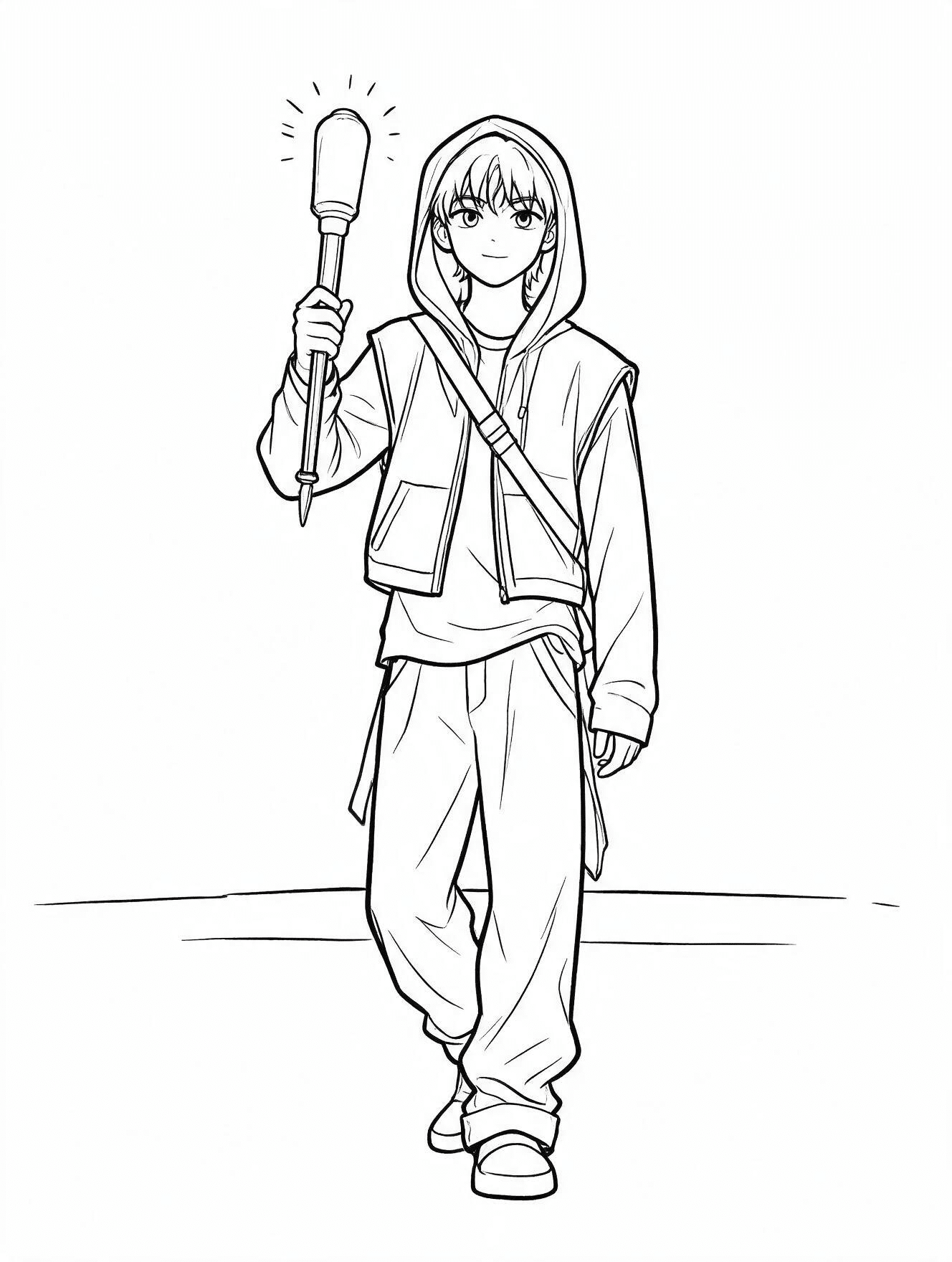 kpop demon hunter boy holding light stick coloring page with hooded vest