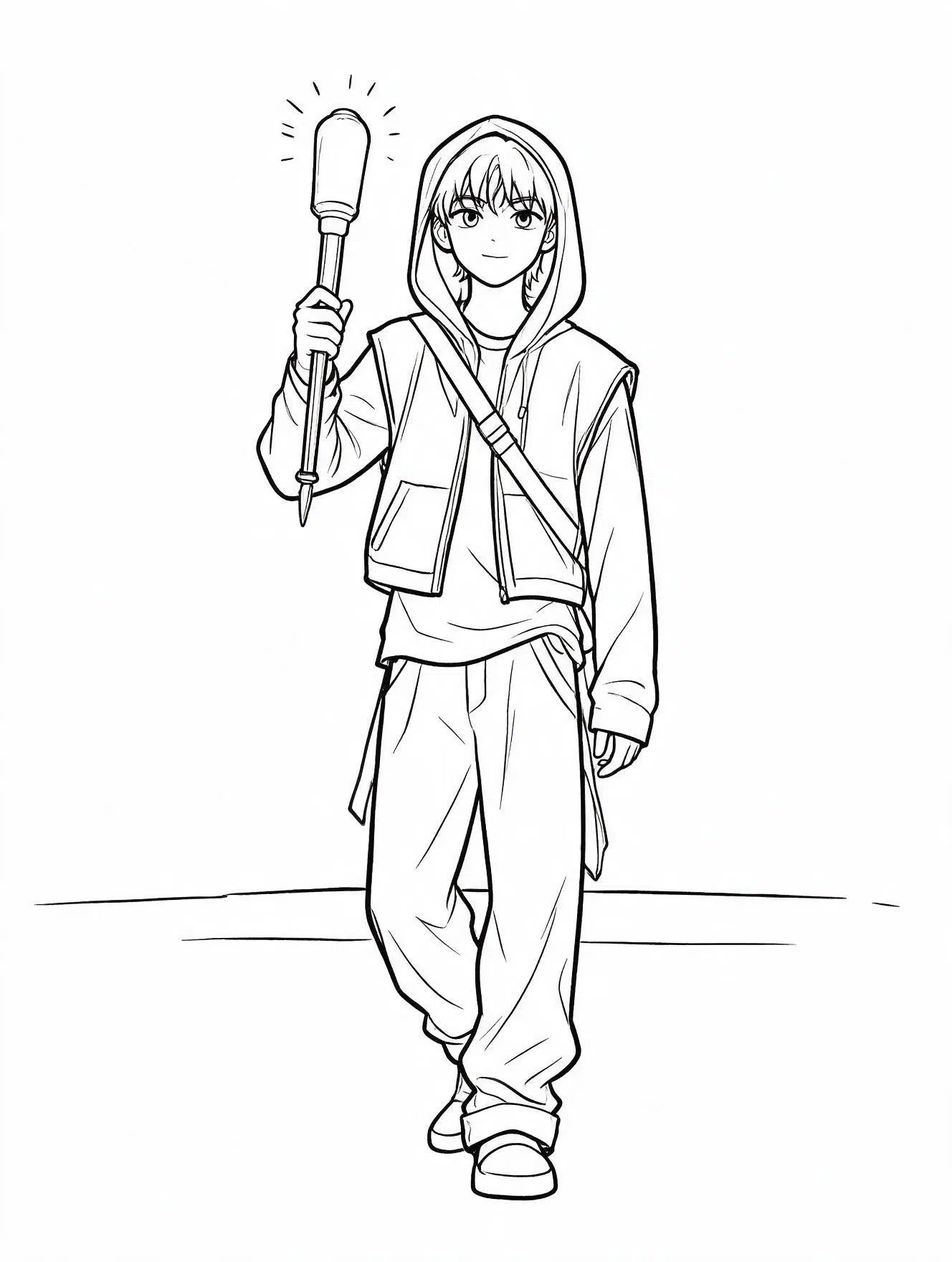 kpop demon hunter boy holding light stick coloring page with hooded vest