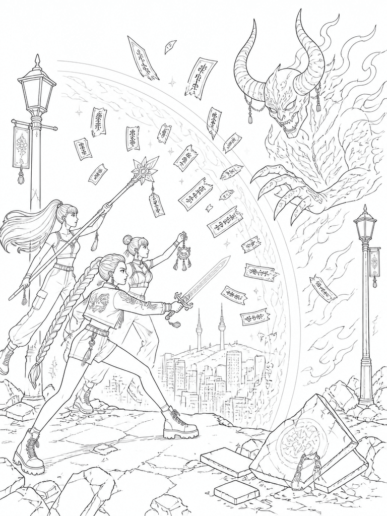 three kpop demon hunters facing giant shadow creature coloring page with skyline