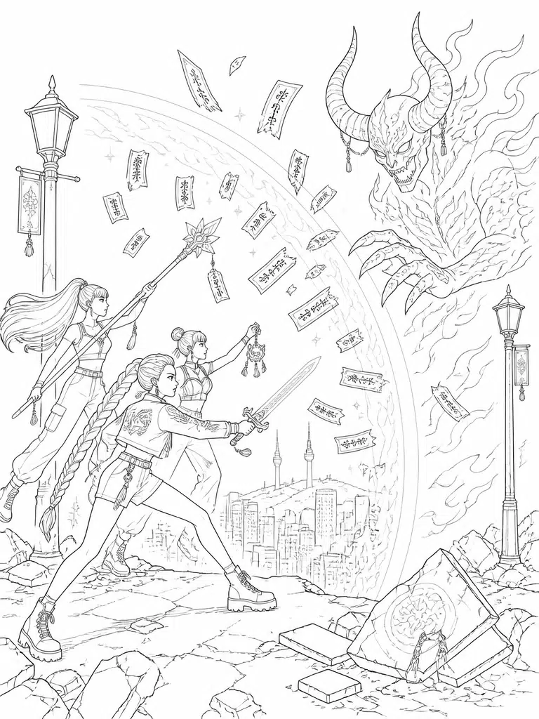 three kpop demon hunters facing giant shadow creature coloring page with skyline