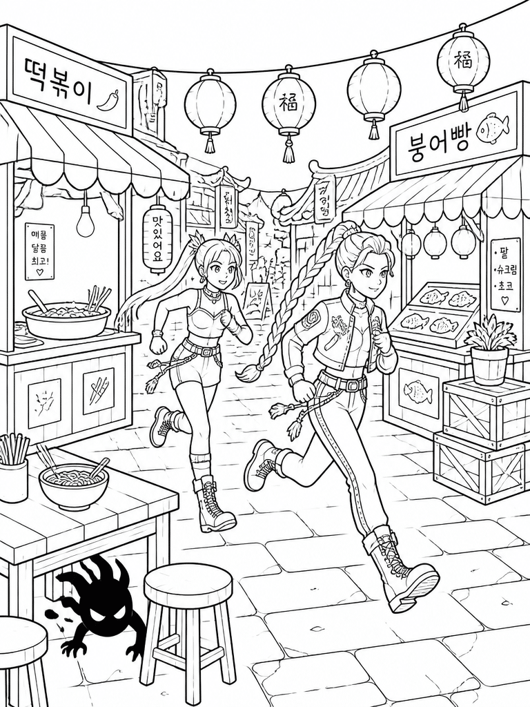 two kpop demon hunters running through night market coloring page with stalls