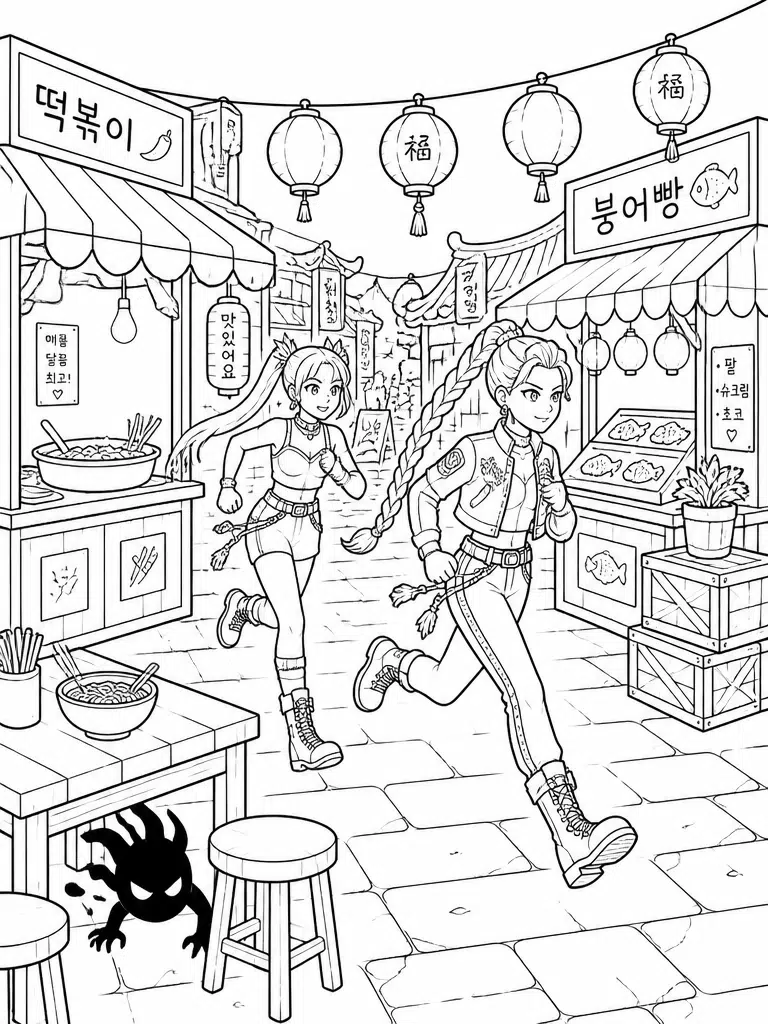 two kpop demon hunters running through night market coloring page with stalls