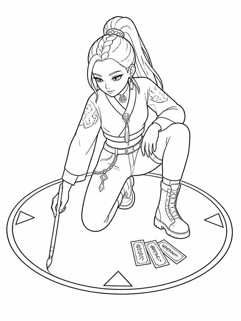 kpop demon hunter kneeling to draw protection circle coloring page with brush