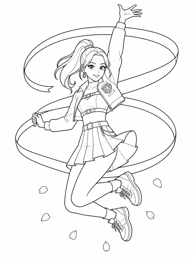kpop demon hunter girl leaping coloring page with looping ribbon and petals