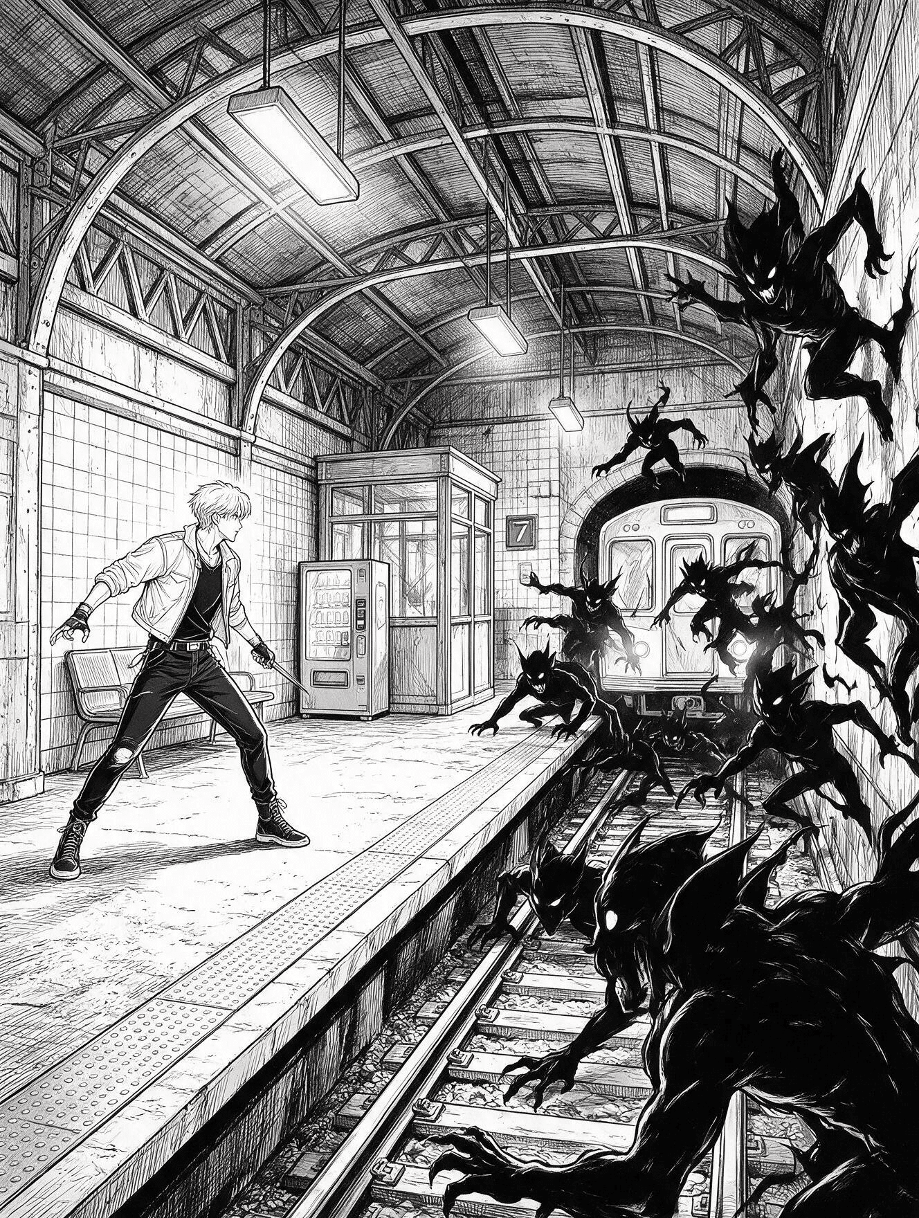 kpop demon hunter on subway platform coloring page with tiled wall and train