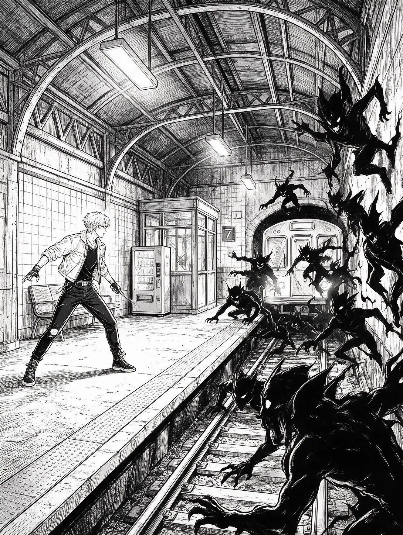 kpop demon hunter on subway platform coloring page with tiled wall and train