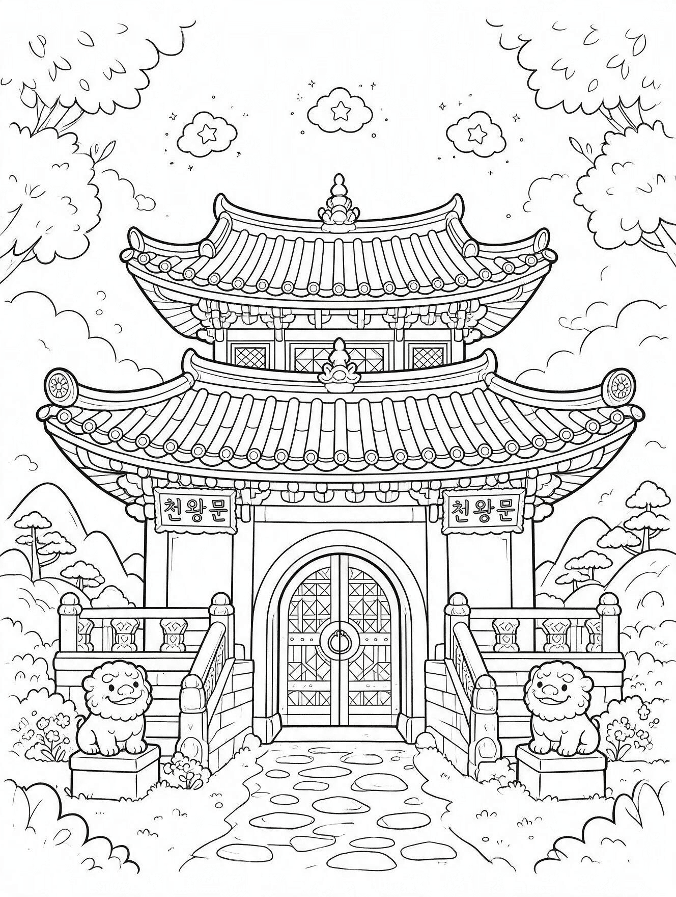 kpop demon hunter temple gate coloring page with two stone guardian statues