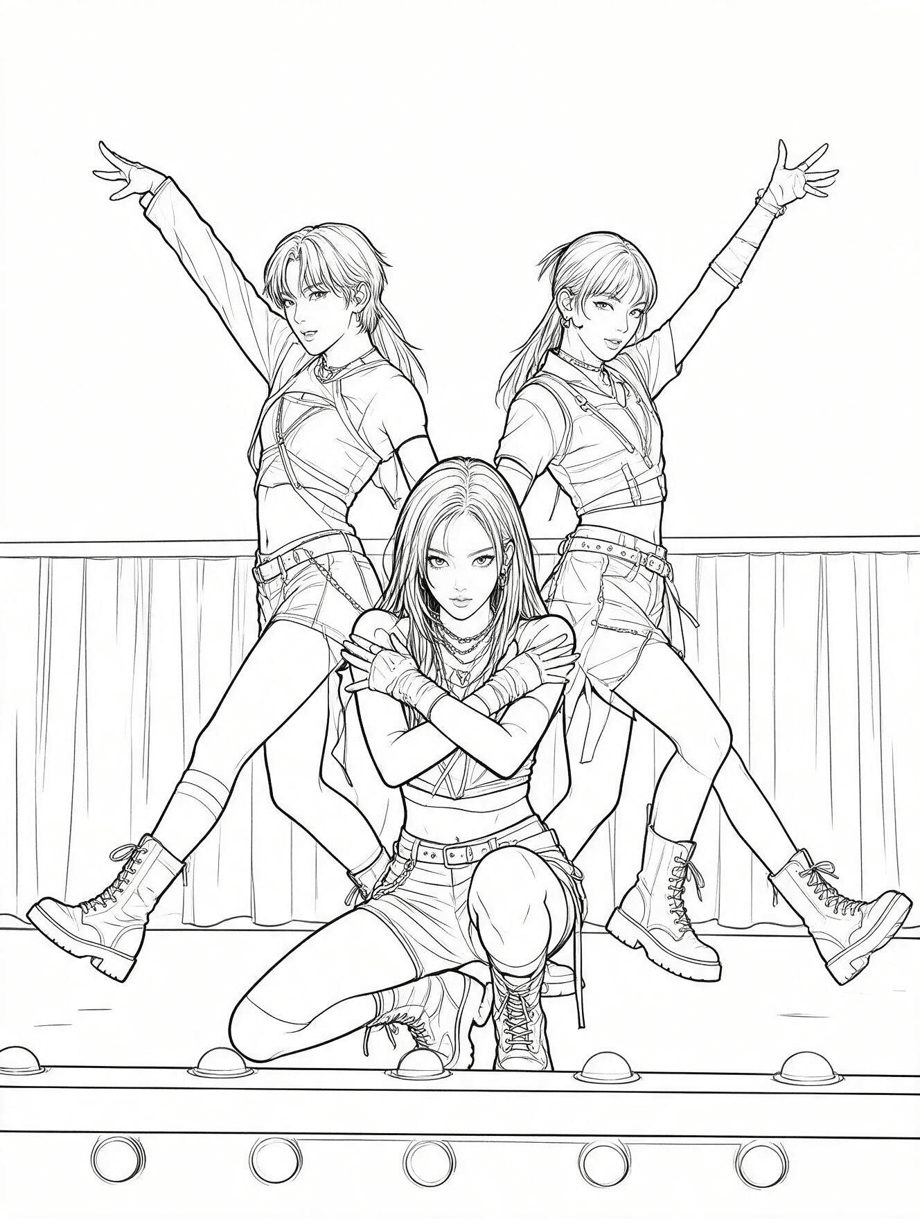 three kpop demon hunters in dance formation coloring page with stage lights