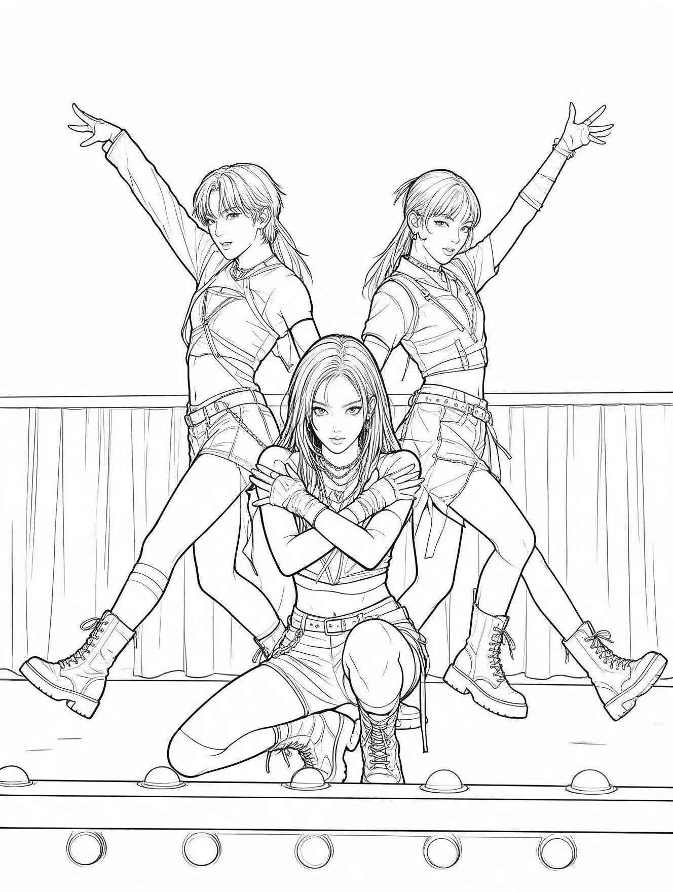 three kpop demon hunters in dance formation coloring page with stage lights