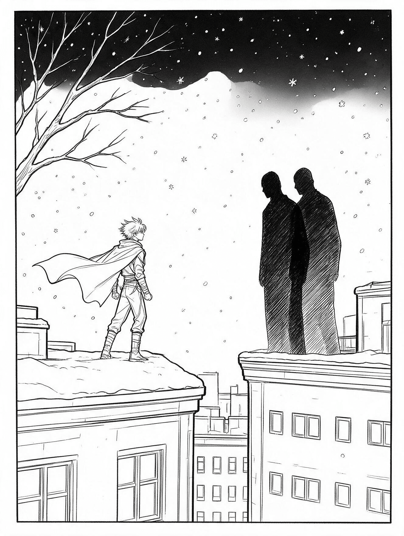 kpop demon hunter on snowy rooftop coloring page with two shadow figures