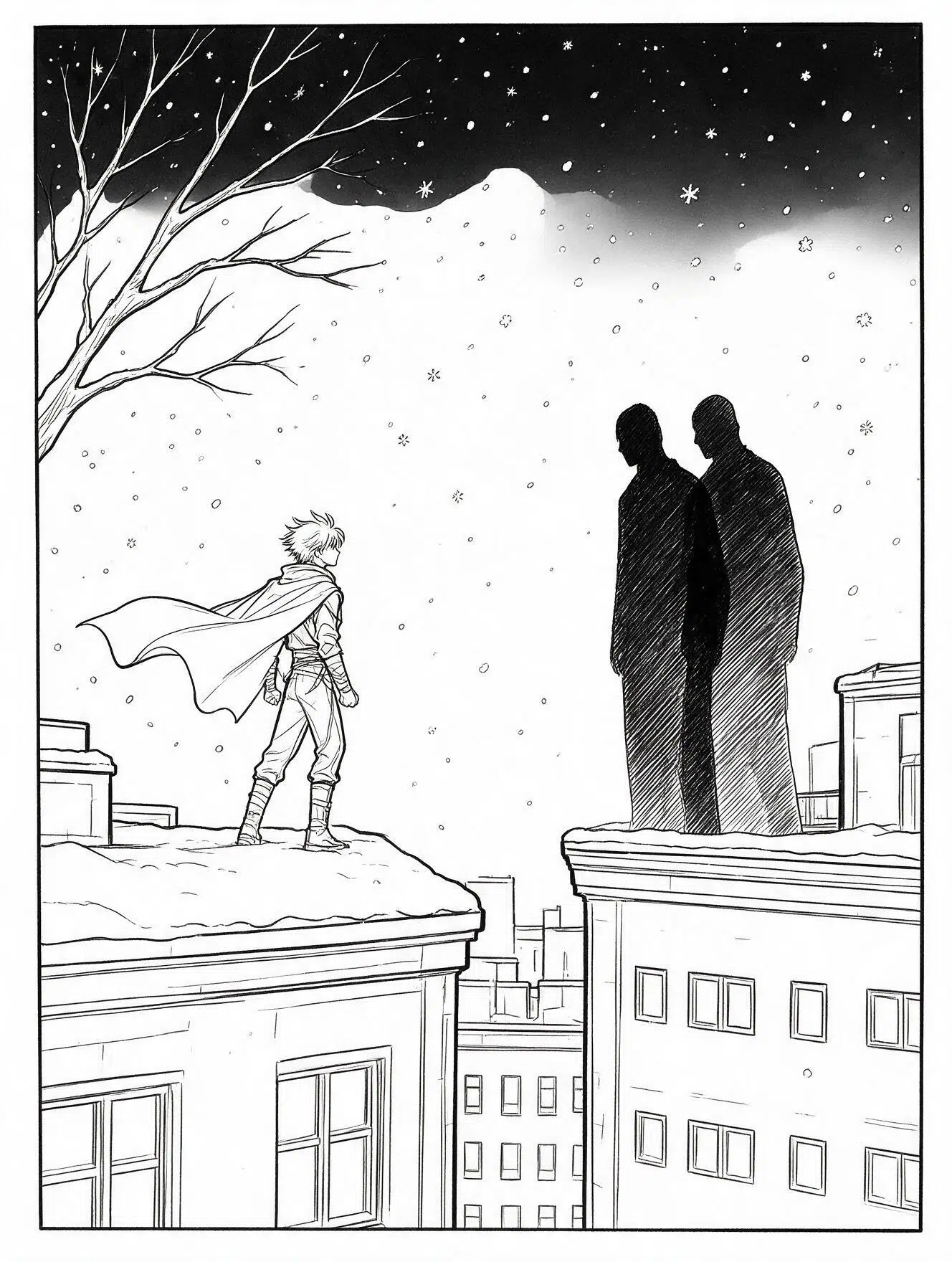 kpop demon hunter on snowy rooftop coloring page with two shadow figures