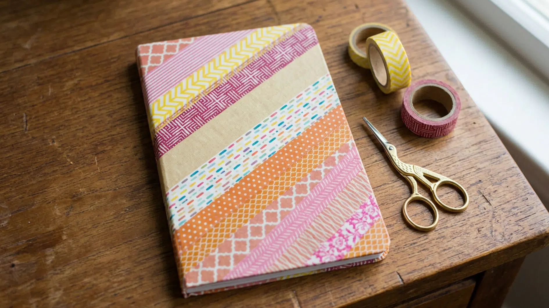 kraft notebook decorated with patterned washi tape beside scissors and a pen
