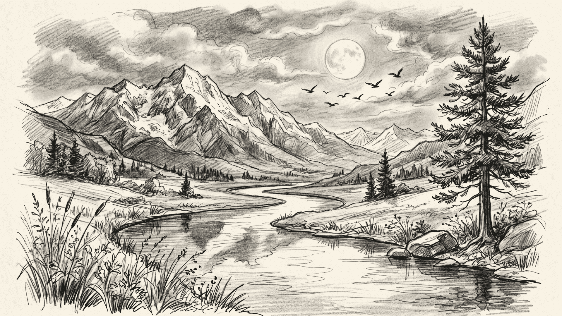 Mountain landscape pencil drawing with river, trees, moon, and clouds.