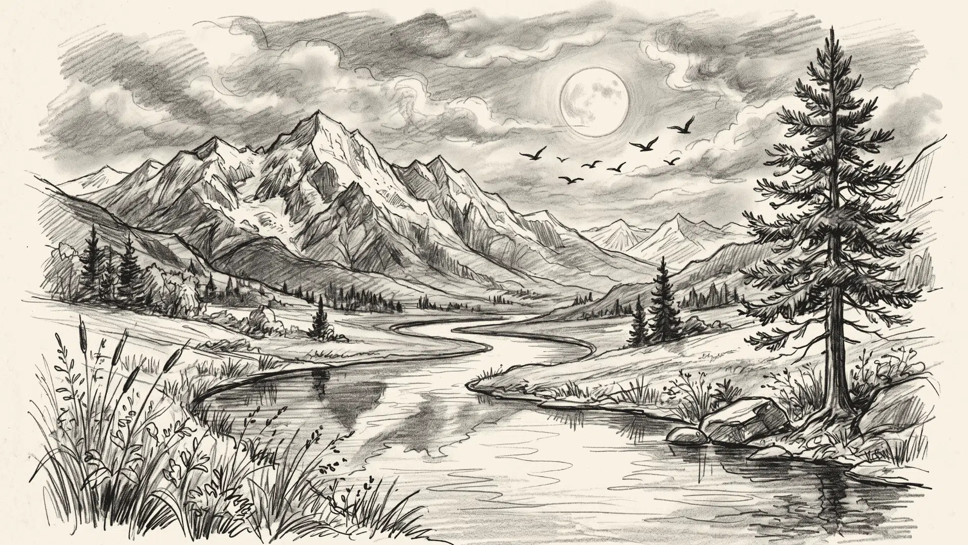 Mountain landscape pencil drawing with river, trees, moon, and clouds.