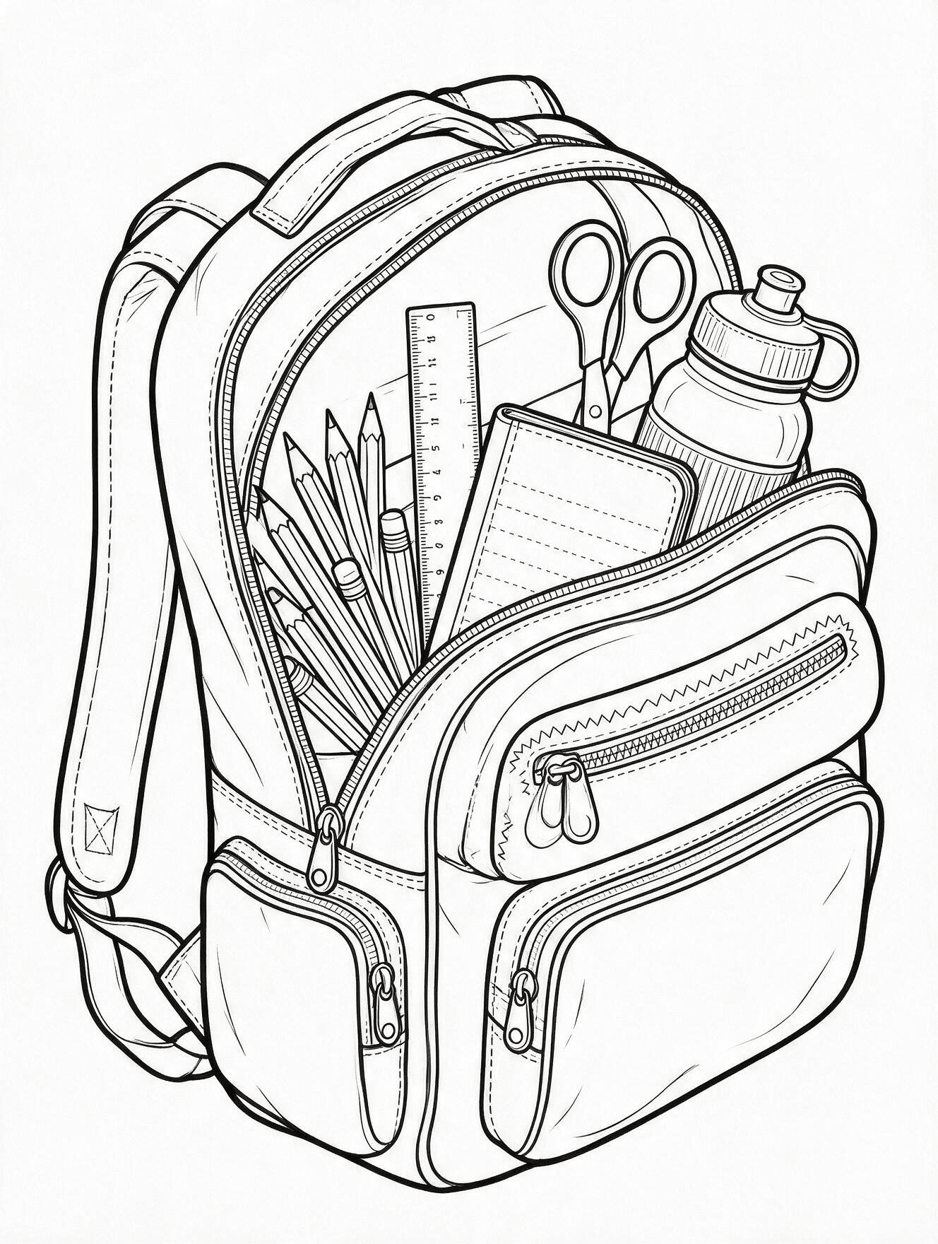 Large school backpack filled with pencils, books, scissors, ruler, and supplies for coloring.