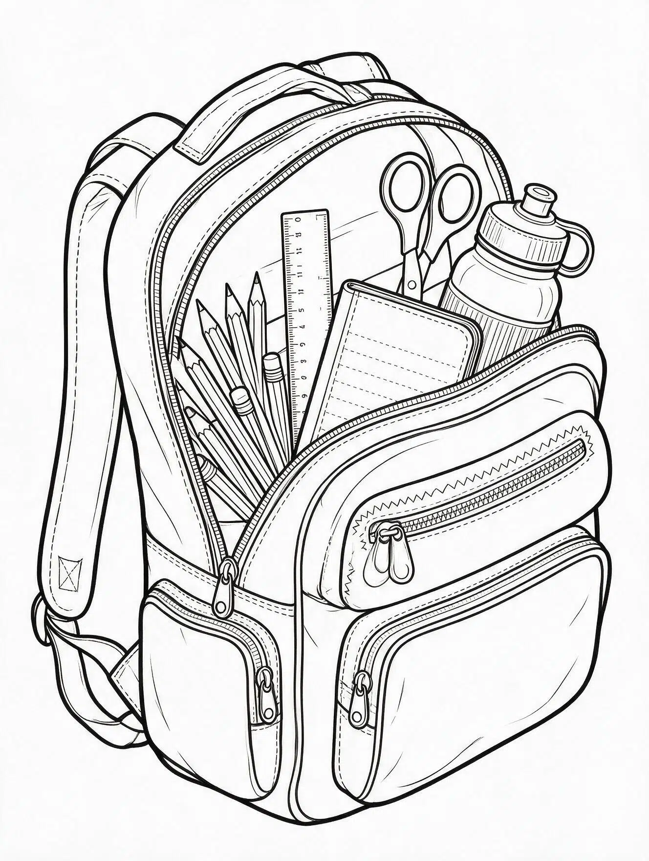 Large school backpack filled with pencils, books, scissors, ruler, and supplies for coloring.