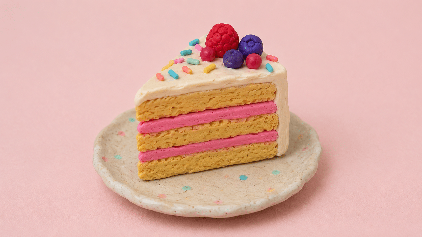 miniature clay cake slice with frosting layers and berries