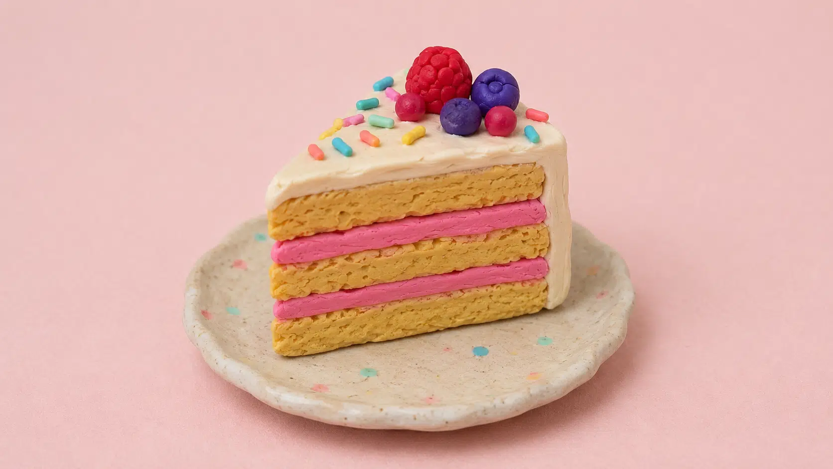 miniature clay cake slice with frosting layers and berries