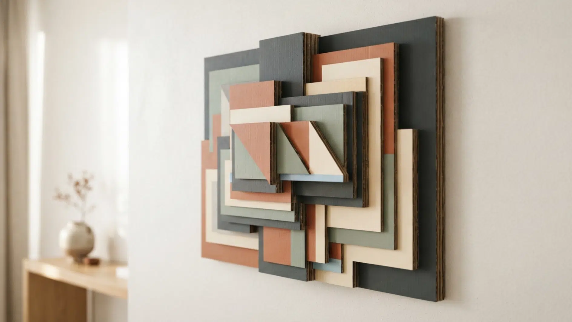 layered geometric cardboard wall art in muted colors displayed on a white wall