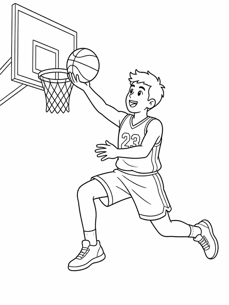 Layup <echighlighted>basketball coloring page</echighlighted> showing a player shooting off the backboard