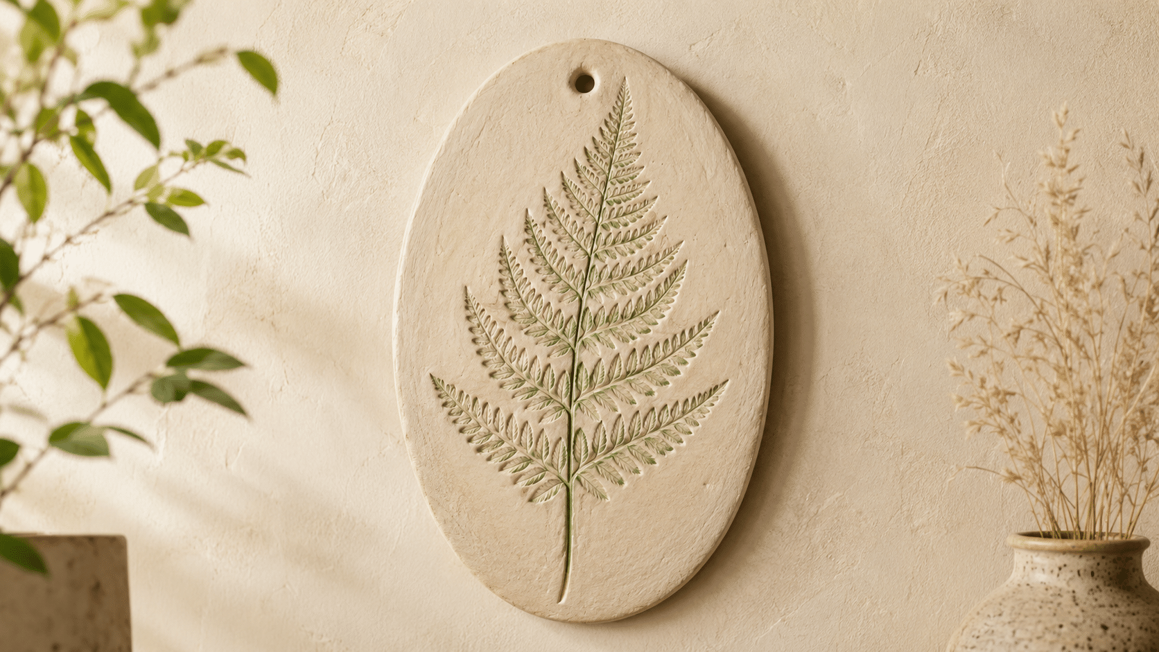 oval clay plaque featuring a detailed fern leaf imprint