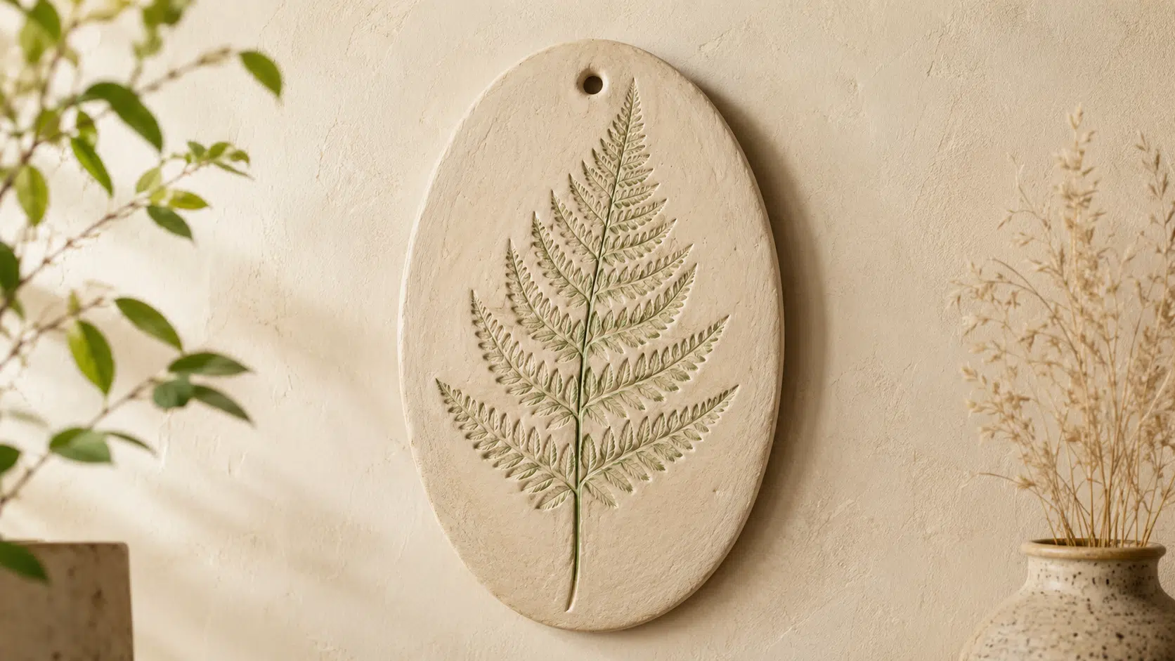 oval clay plaque featuring a detailed fern leaf imprint