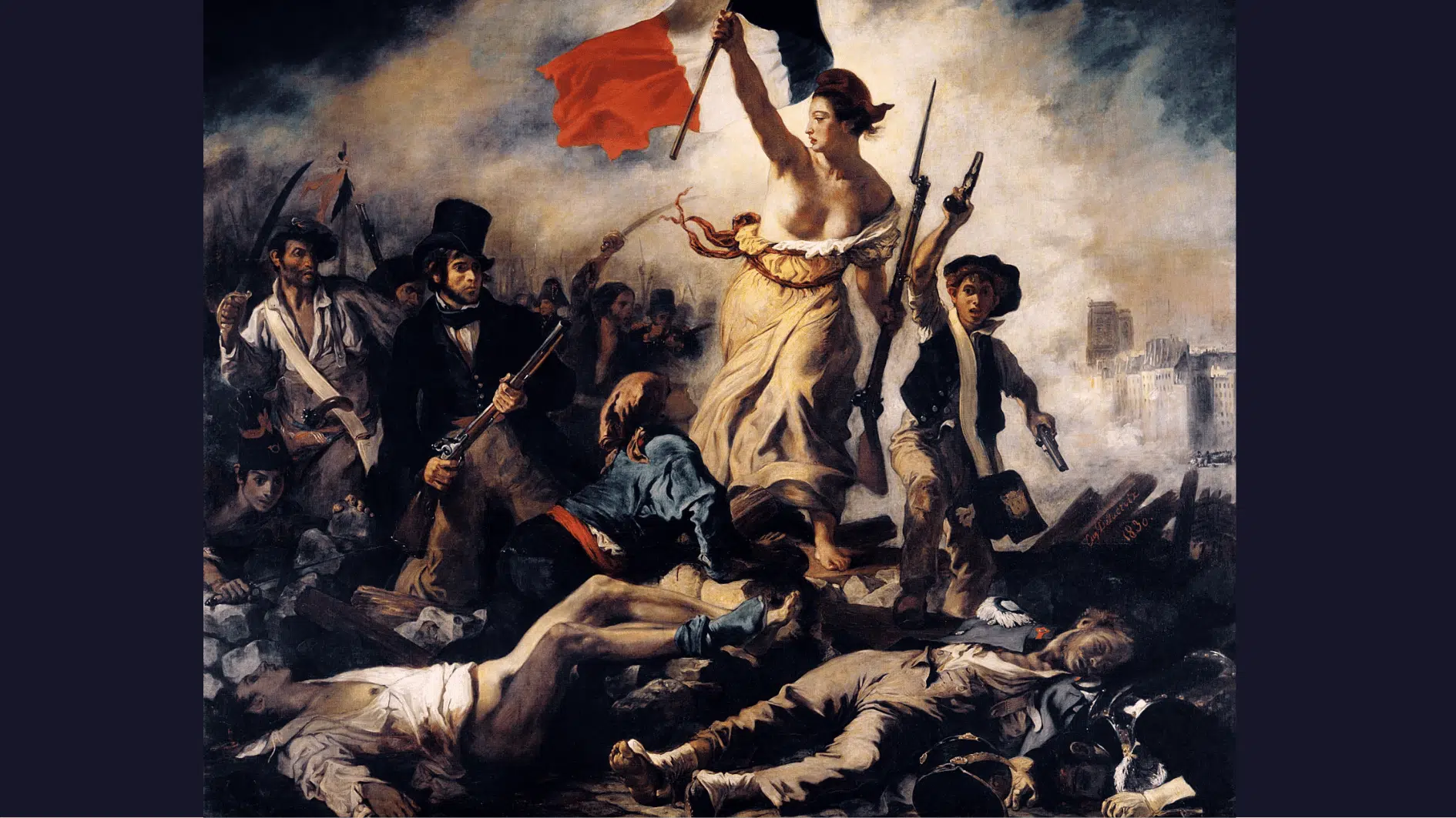 a woman holding the french flag leads armed revolutionaries over a barricade with fallen bodies below