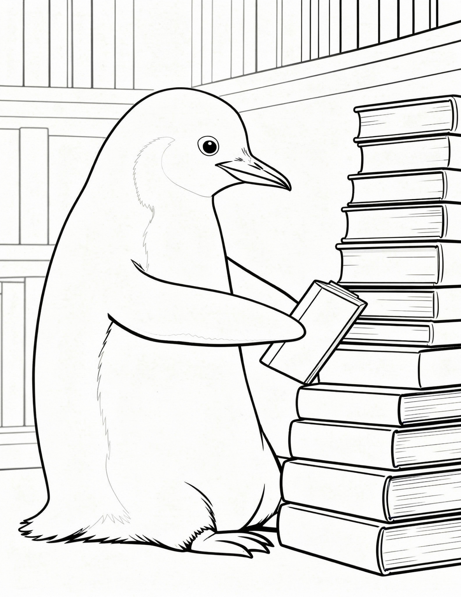 librarian penguin organizing books coloring page outline