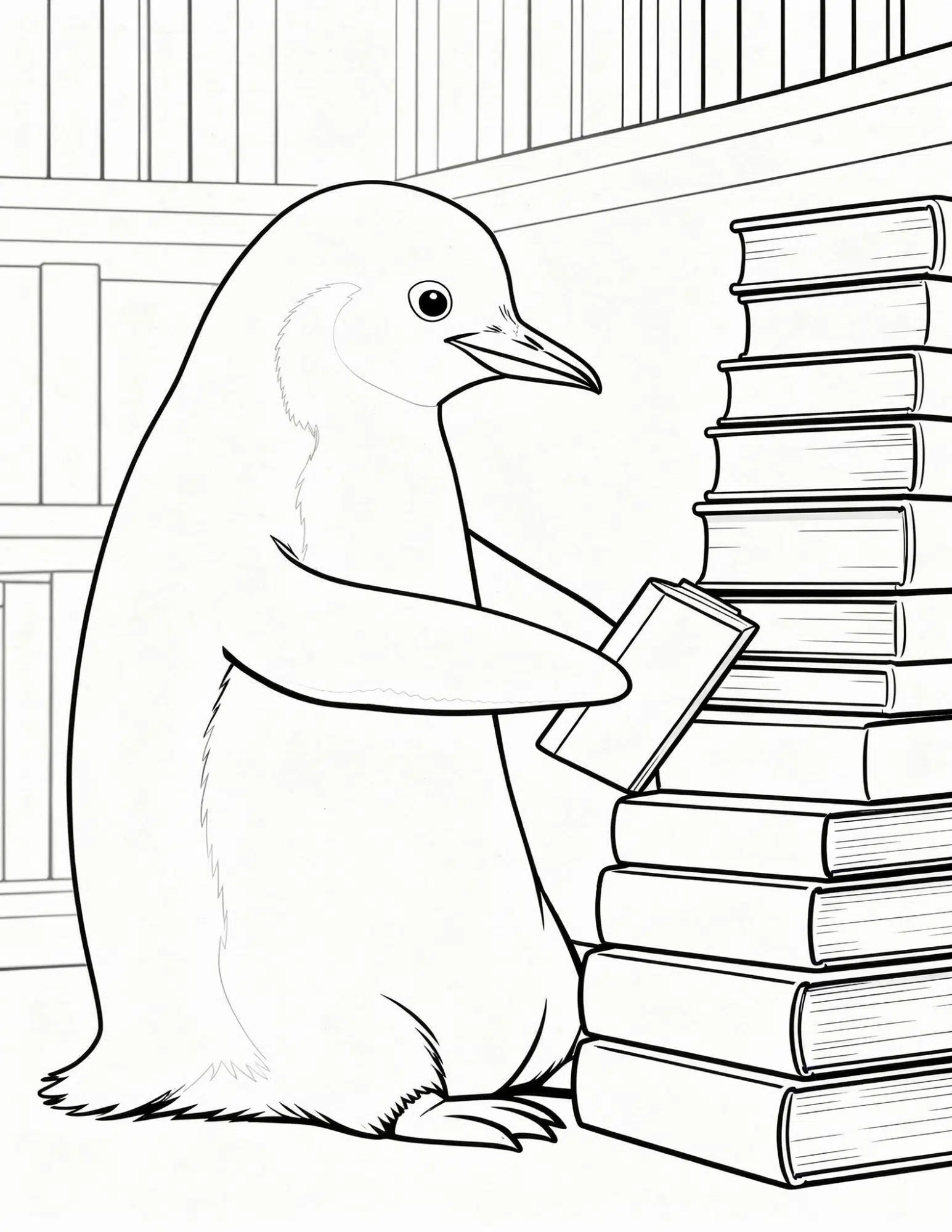 librarian penguin organizing books coloring page outline