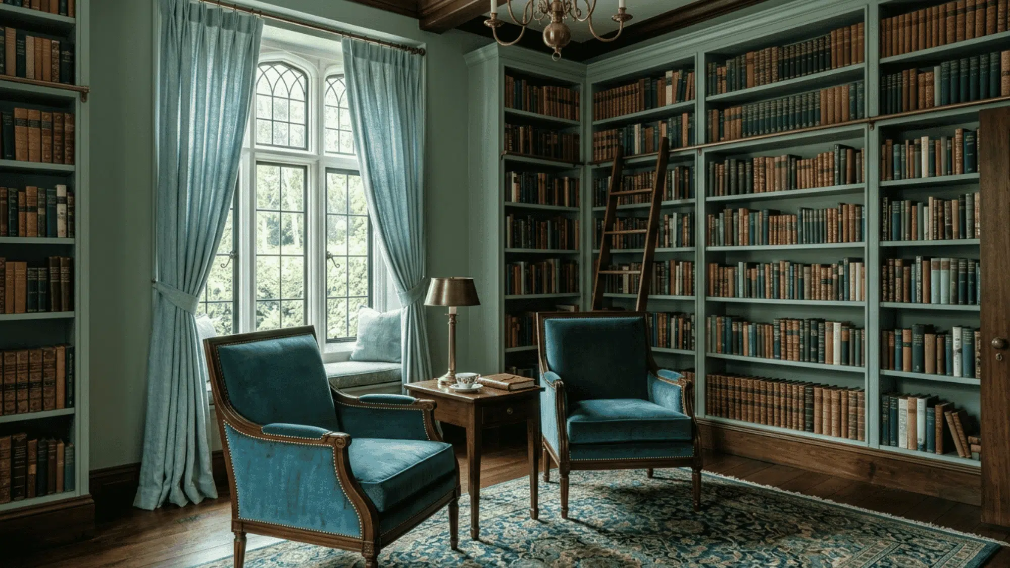 elegant home library with teal armchairs tall bookshelves arched window wood accents